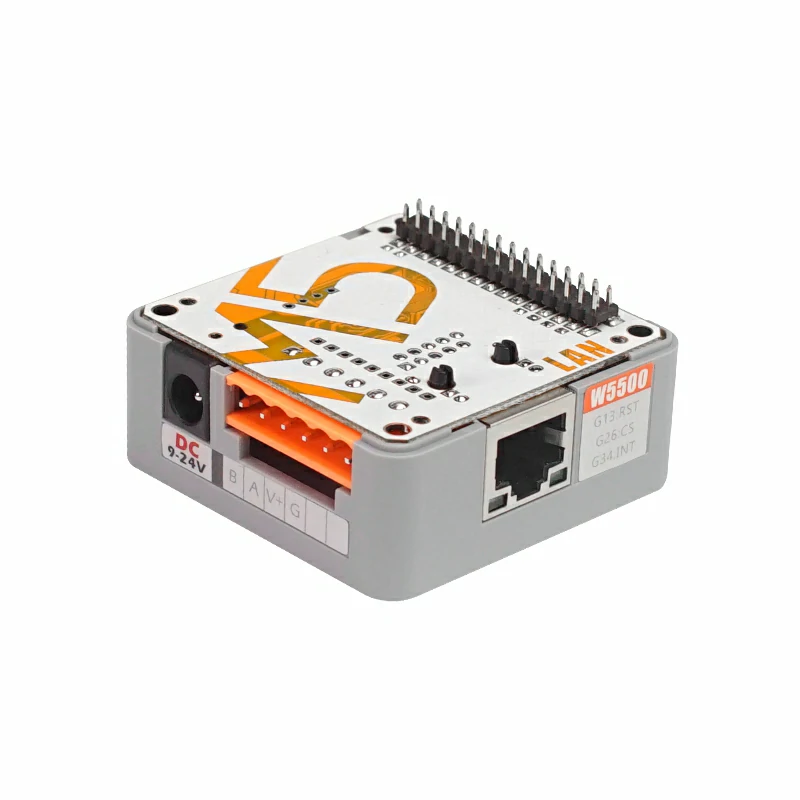 Official M5Stack photograph of the Base LAN PoE v1.2 module with its Ethernet connector and expansion header