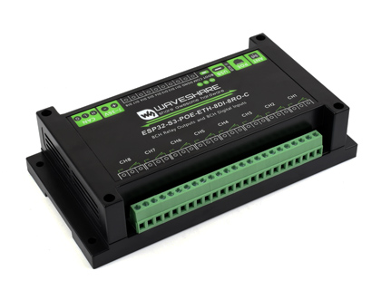 Waveshare ESP32-S3-POE-ETH-8DI-8RO-C controller with eight relay and input terminals