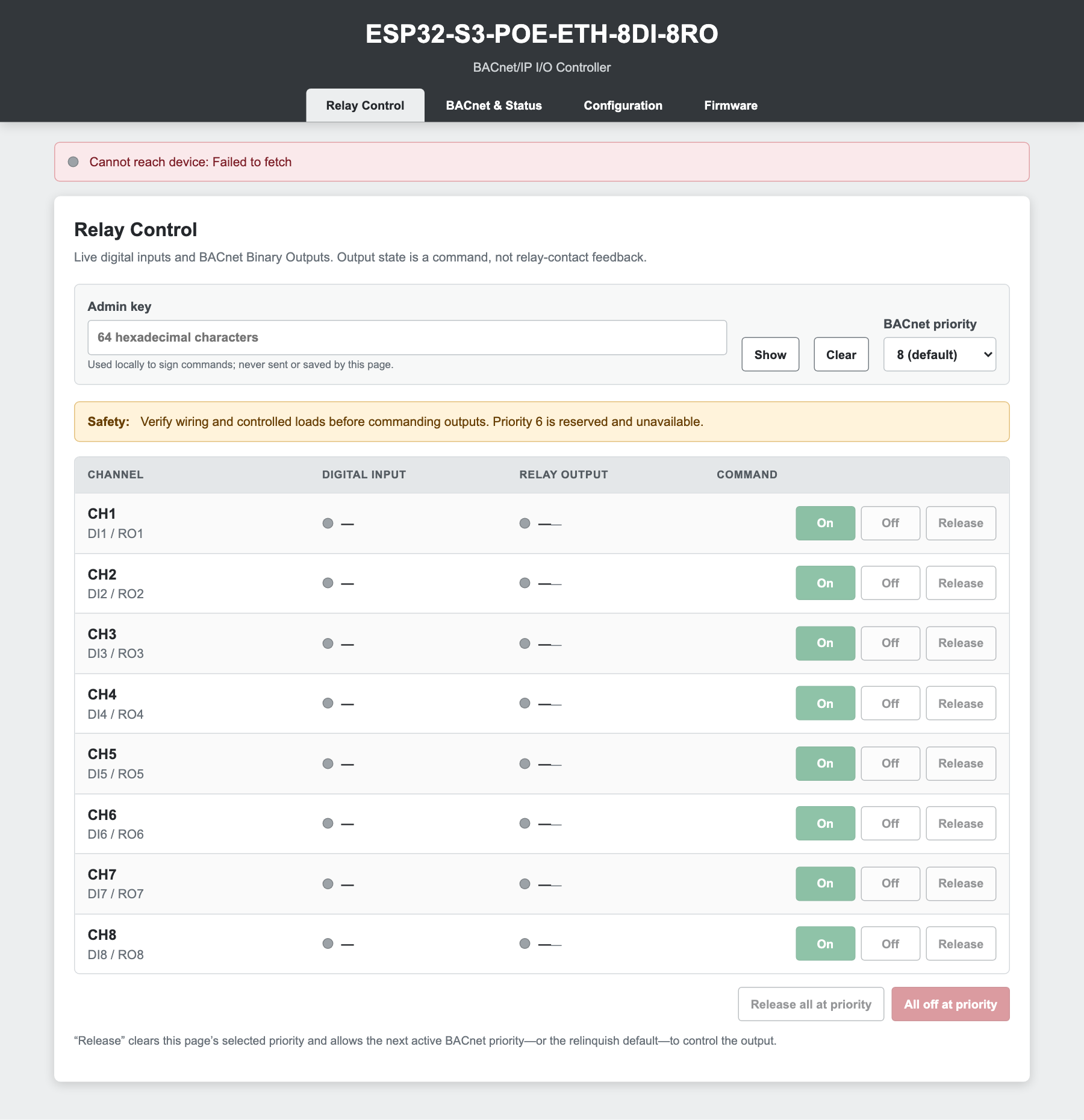 Original embedded management page rendered locally without a controller connection