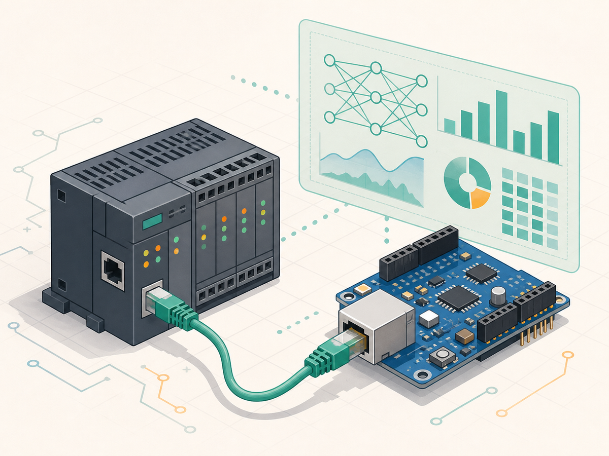 Generated flat isometric illustration showing a PLC, an Ethernet shield board, wired Ethernet, and an AI dashboard