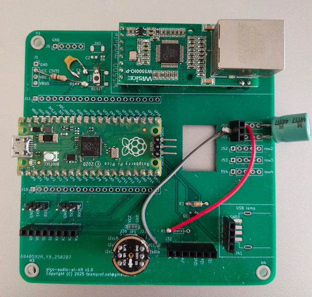 Source photo of Raspberry Pi Pico, W5500 module, and audio ML PCB