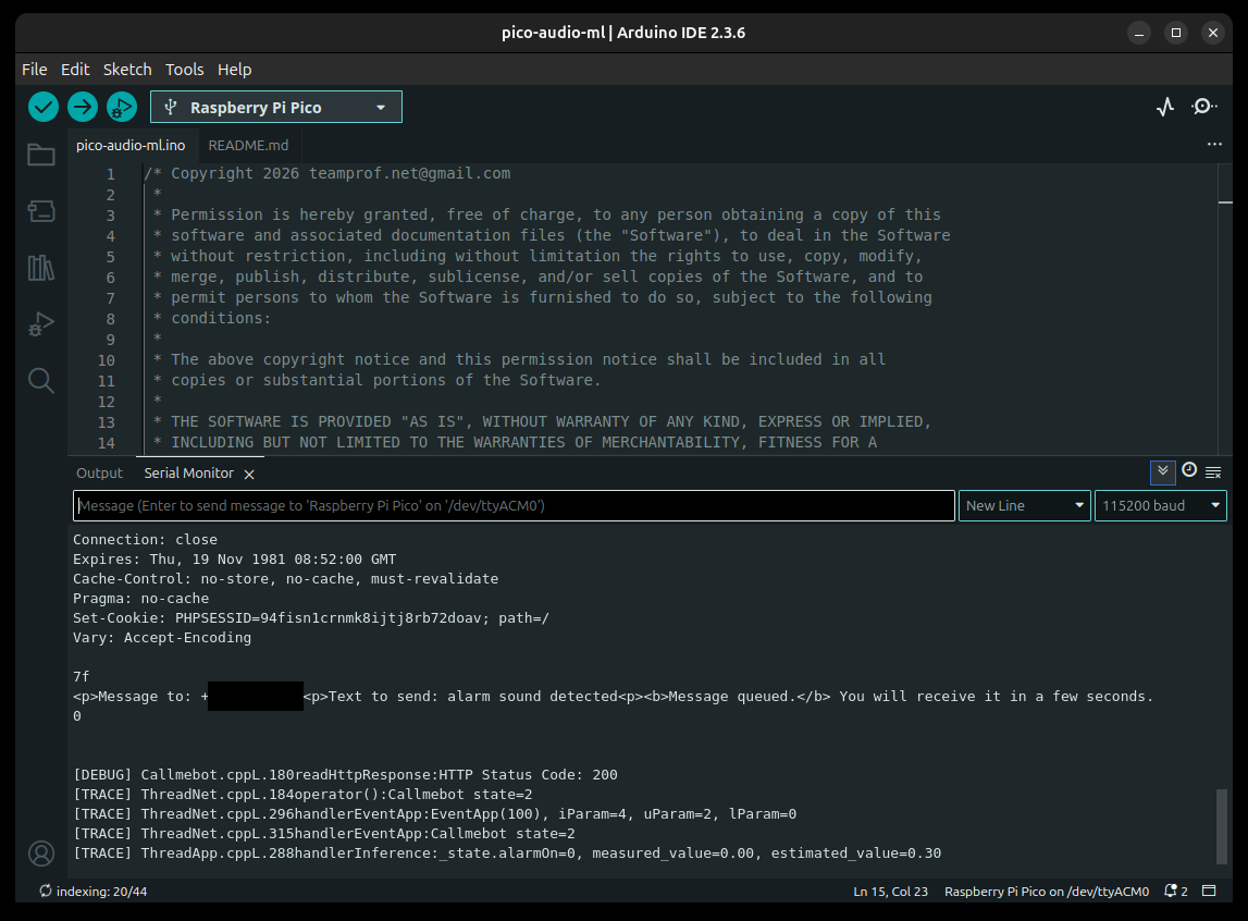 Source screenshot of Arduino Serial Monitor showing CallMeBot HTTP 200 response after alarm alert