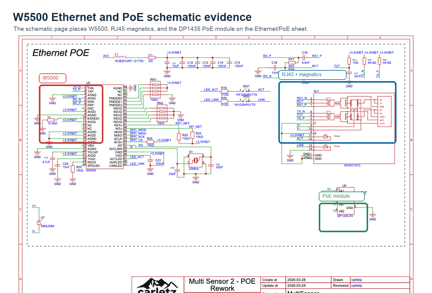 Annotated W5500 Ethernet and PoE schematic evidence from the MultiSensor-V2 repository