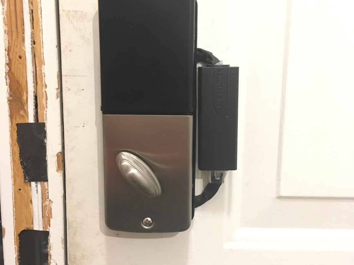 Installed keypad deadbolt modified with an ESP32-S3 and W5500 Ethernet module