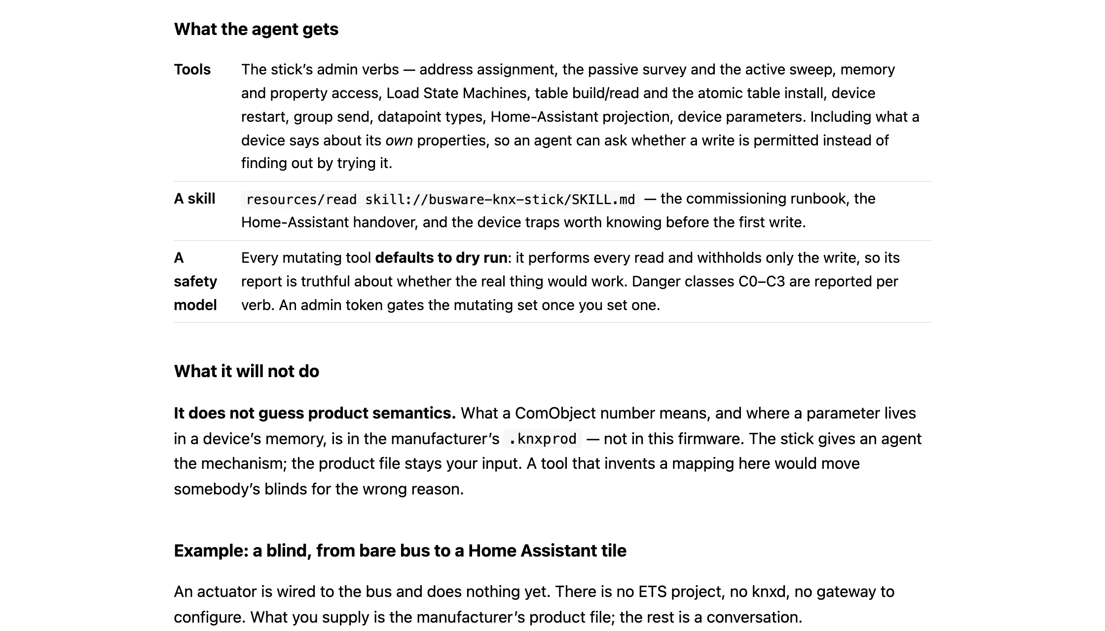 Screenshot of the official firmware page listing what the agent gets: tools generated from the verb registry, a skill resource holding the commissioning runbook, and a safety model where every mutating tool defaults to dry run