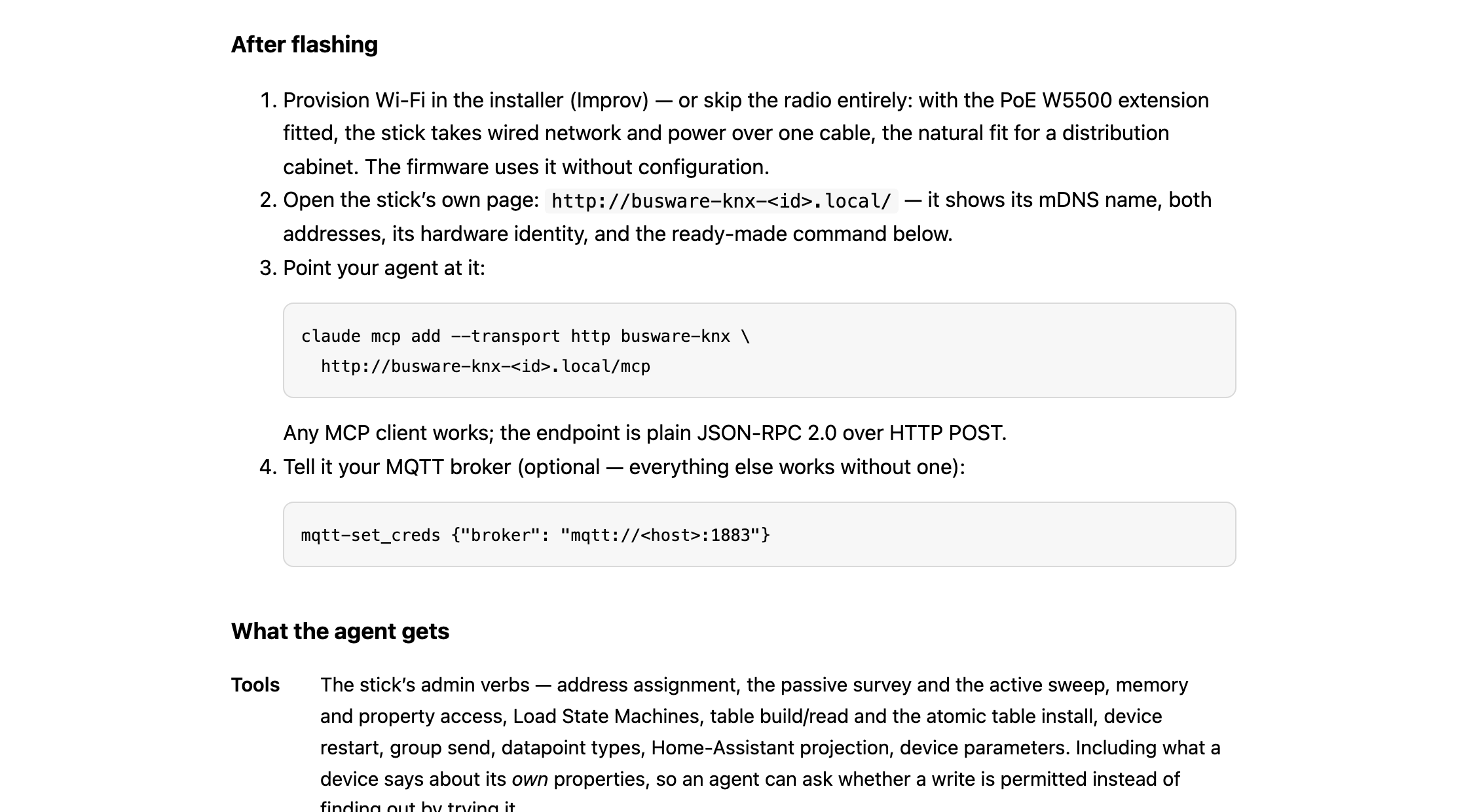 Screenshot of the official firmware page showing the step that mentions the PoE W5500 extension, followed by the one line command that points an agent at the stick