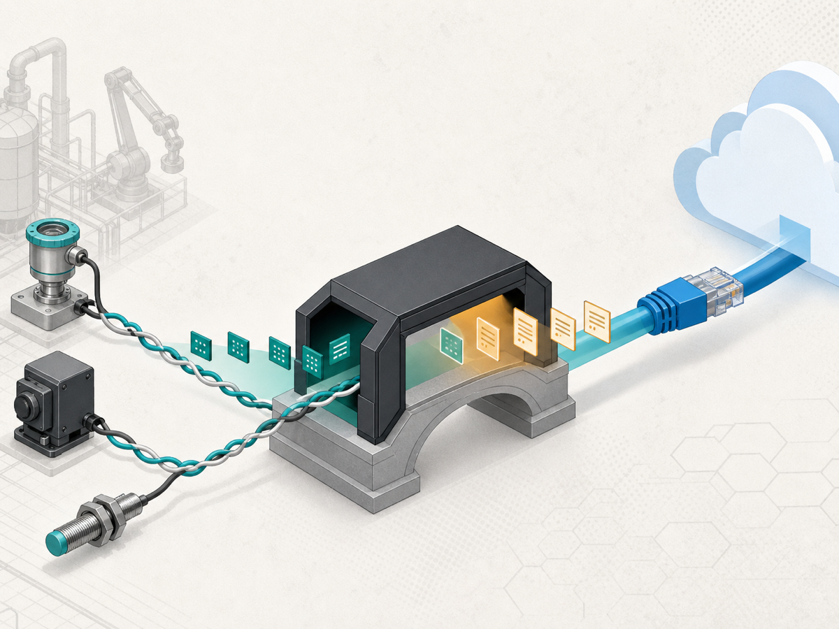 Generated editorial protocol bridge connecting wired field sensors to an Ethernet cloud path