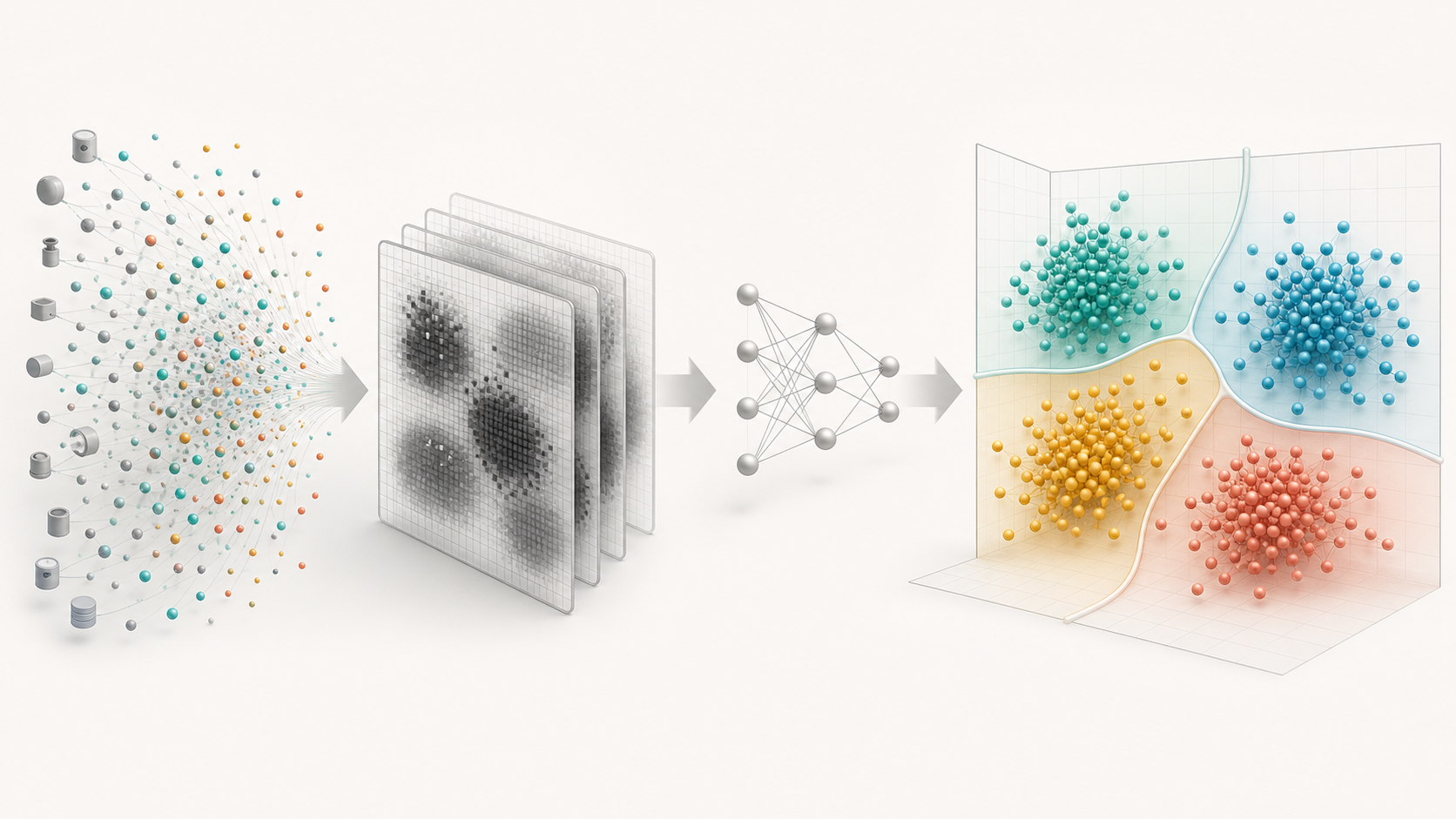 Generated scientific illustration of coordinate preprocessing, neural k selection, and K-means cluster regions