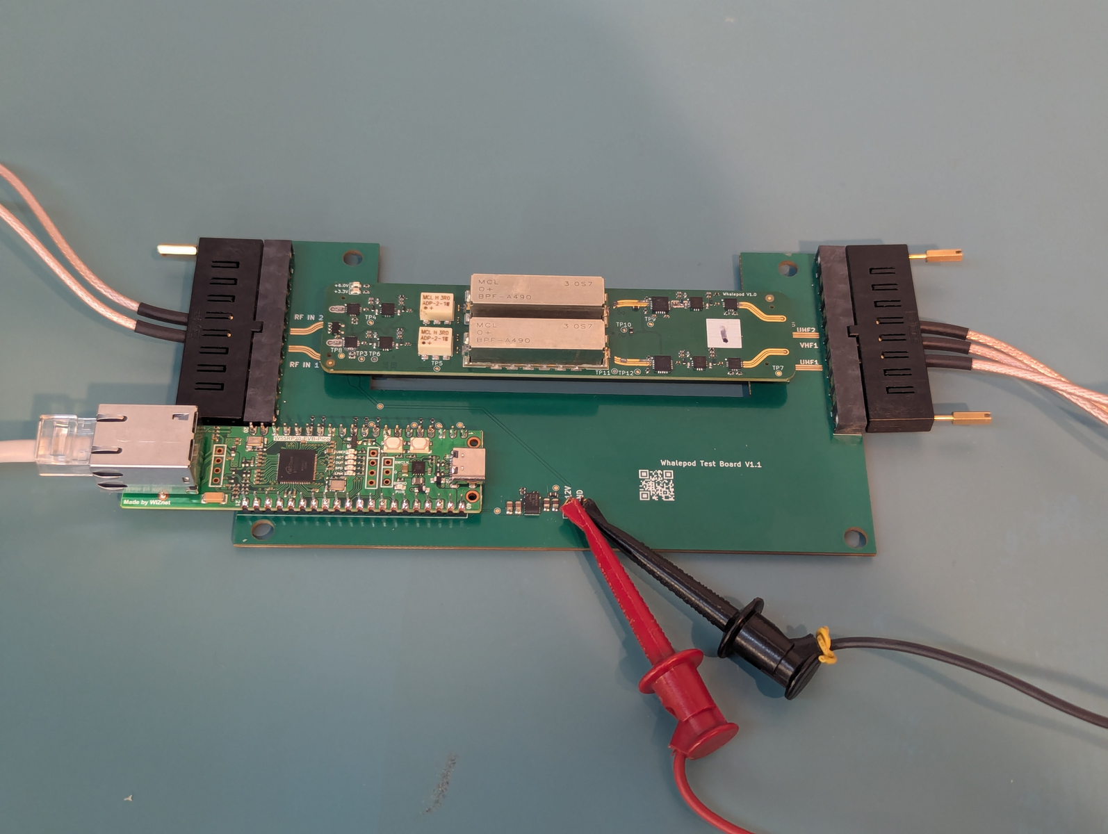 Whalepod test setup with WIZnet W55RP20-EVB-Pico mounted on the board and Ethernet connected