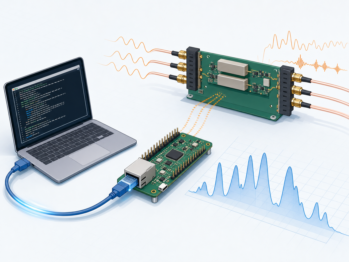 Generated illustration of a laptop controlling an RF frontend through a WIZnet Ethernet board