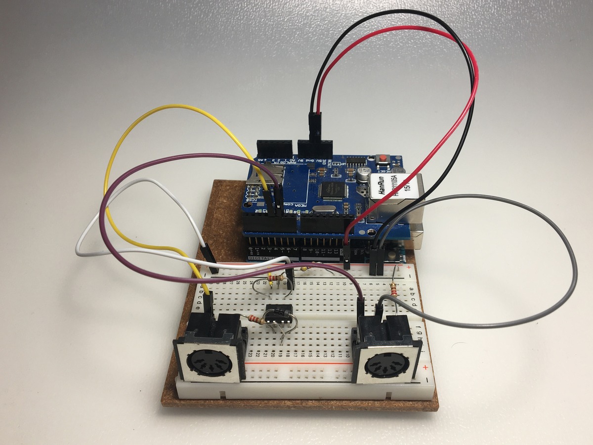 MoE Arduino UNO and WIZnet Ethernet Shield prototype with MIDI DIN connectors