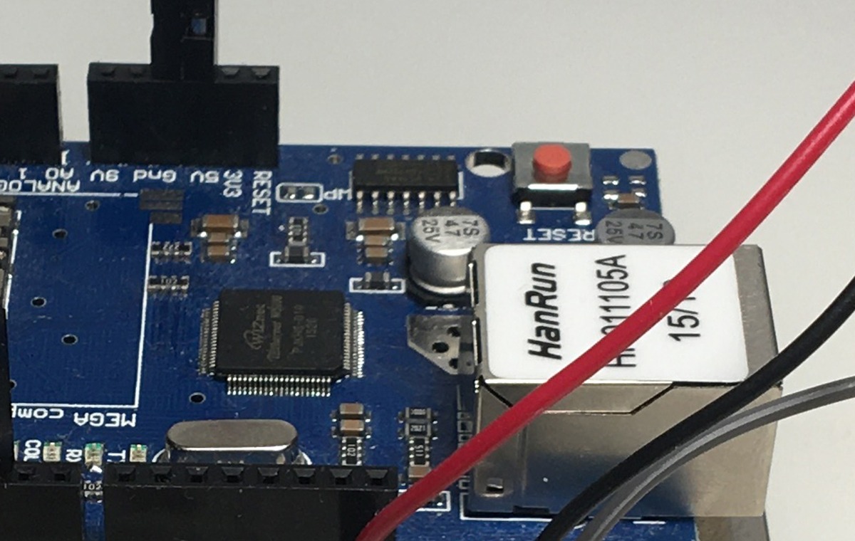 Close crop of the WIZnet-marked Ethernet controller on the MoE prototype shield