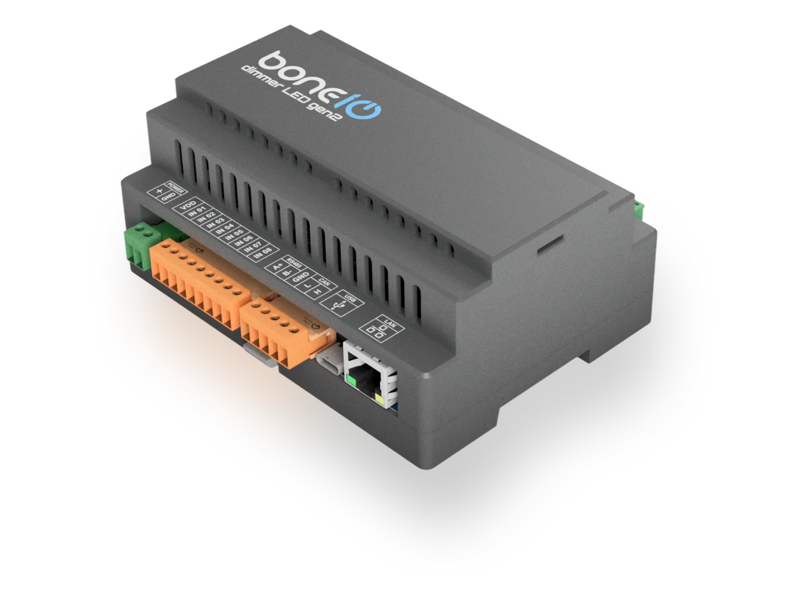 Angled 3D render of a grey seven-module DIN rail enclosure labelled boneIO dimmer LED gen2, showing orange screw terminals for eight digital inputs, printed RS485 and CAN terminal labels, a USB-C socket and an RJ45 jack marked LAN