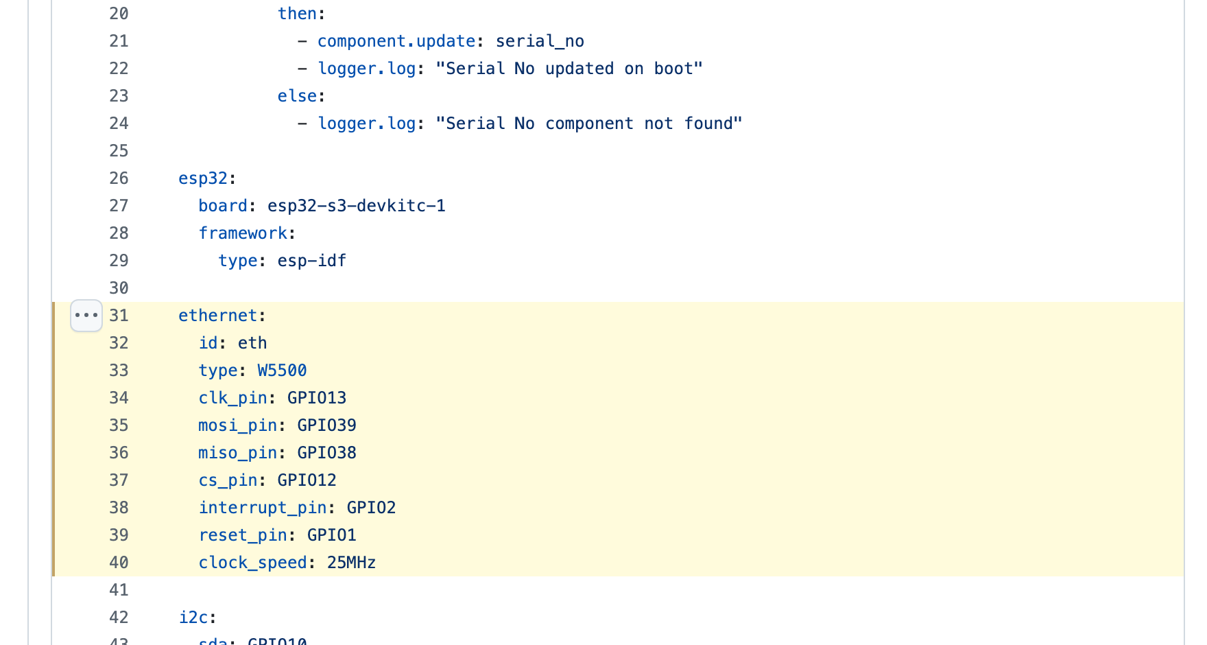 GitHub source view of boneio-dimmer_gen2_8ch-v0_1.yaml with lines 31 to 40 highlighted, showing the ethernet block declaring type W5500 with clk_pin GPIO13, mosi_pin GPIO39, miso_pin GPIO38, cs_pin GPIO12, interrupt_pin GPIO2, reset_pin GPIO1 and clock_speed 25MHz below the esp32 board line reading esp32-s3-devkitc-1