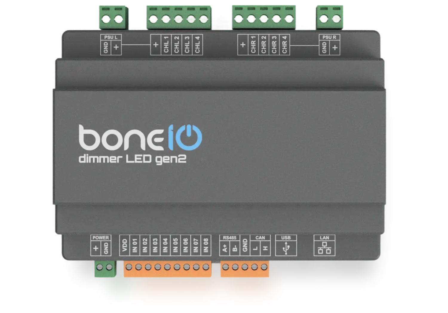 Front-facing 3D render of the boneIO dimmer LED gen2 showing green screw terminals for PSU L, CHL 1 to CHL 4, CHR 1 to CHR 4 and PSU R along the top, and orange terminals for POWER, VDD, IN 01 to IN 08, RS485 A+ B- GND, CAN L and H, USB and LAN along the bottom