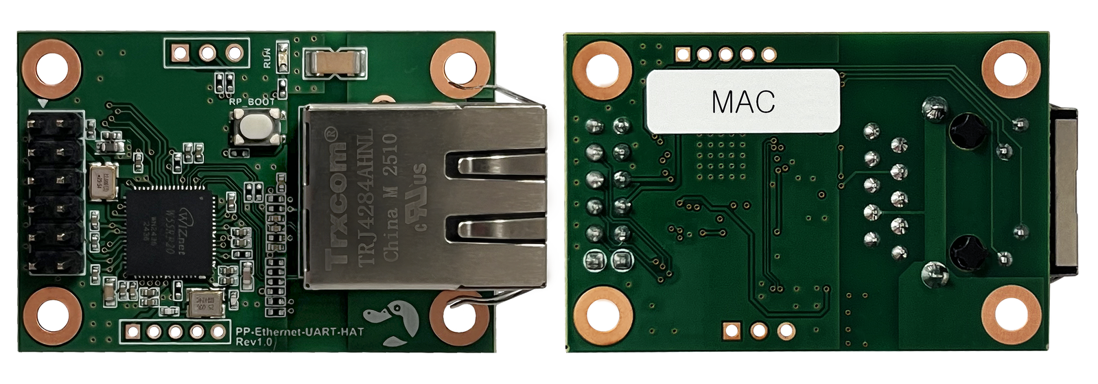 Front and back views of a small green rectangular circuit board, the front carrying a black square chip, a twelve pin header, a push button and a large metal RJ45 jack, the back carrying a white rectangular label printed with the word MAC