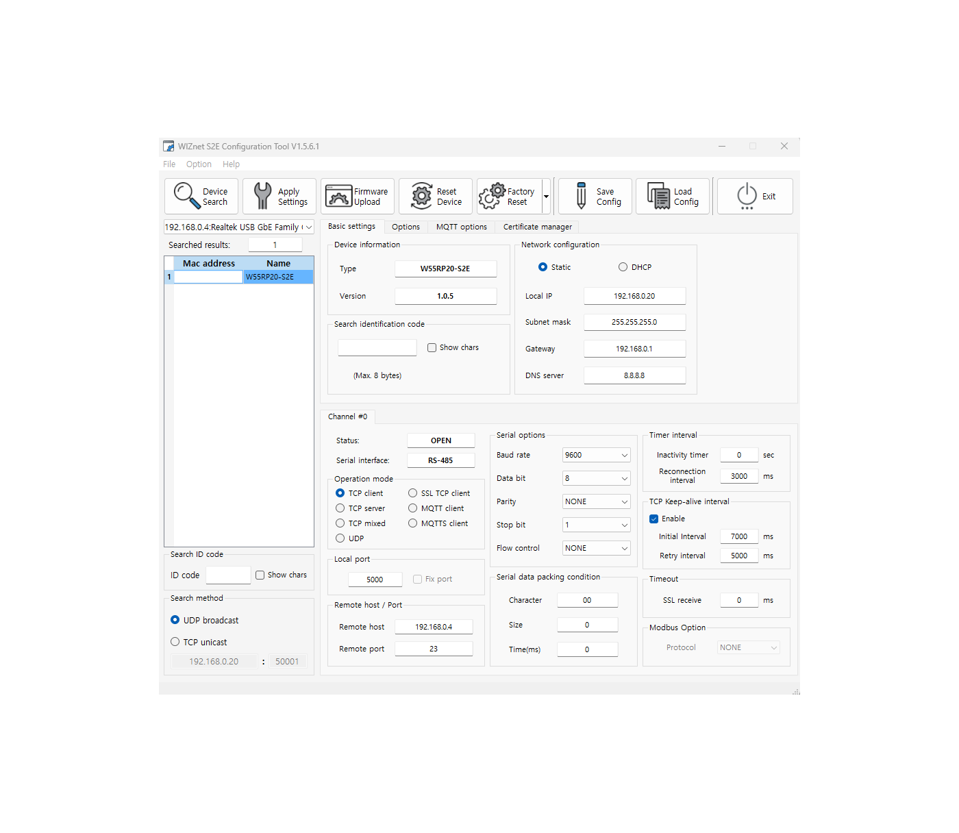 Screenshot of the WIZnet S2E Configuration Tool version 1.5.6.1 showing a device of type W55RP20-S2E with static IP settings, a channel panel listing TCP client, TCP server, TCP mixed, UDP, SSL TCP client, MQTT client and MQTTS client operation modes, serial options and a Modbus option box