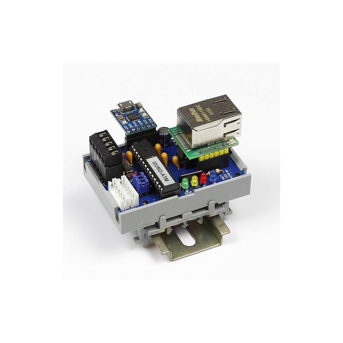 Perspective photograph of an assembled Horter I2ARL board clipped into a grey WAGO 288 DIN rail carrier on a short piece of steel rail, with a W5500 module and its RJ45 jack at the top right and a small blue CP2102 micro USB programming adapter plugged in at the top left