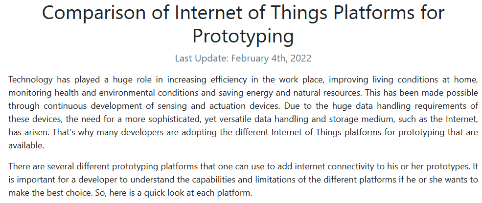Comparison of Internet of Things Platforms for Prototyping